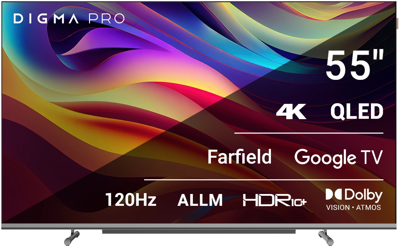 Телевизор QLED Digma Pro 55" QLED 55L Google TV Frameless черный/серебристый 4K Ultra HD 120Hz HSR DVB-T DVB-T2 DVB-C DVB-S DVB-S2 USB WiFi Smart TV